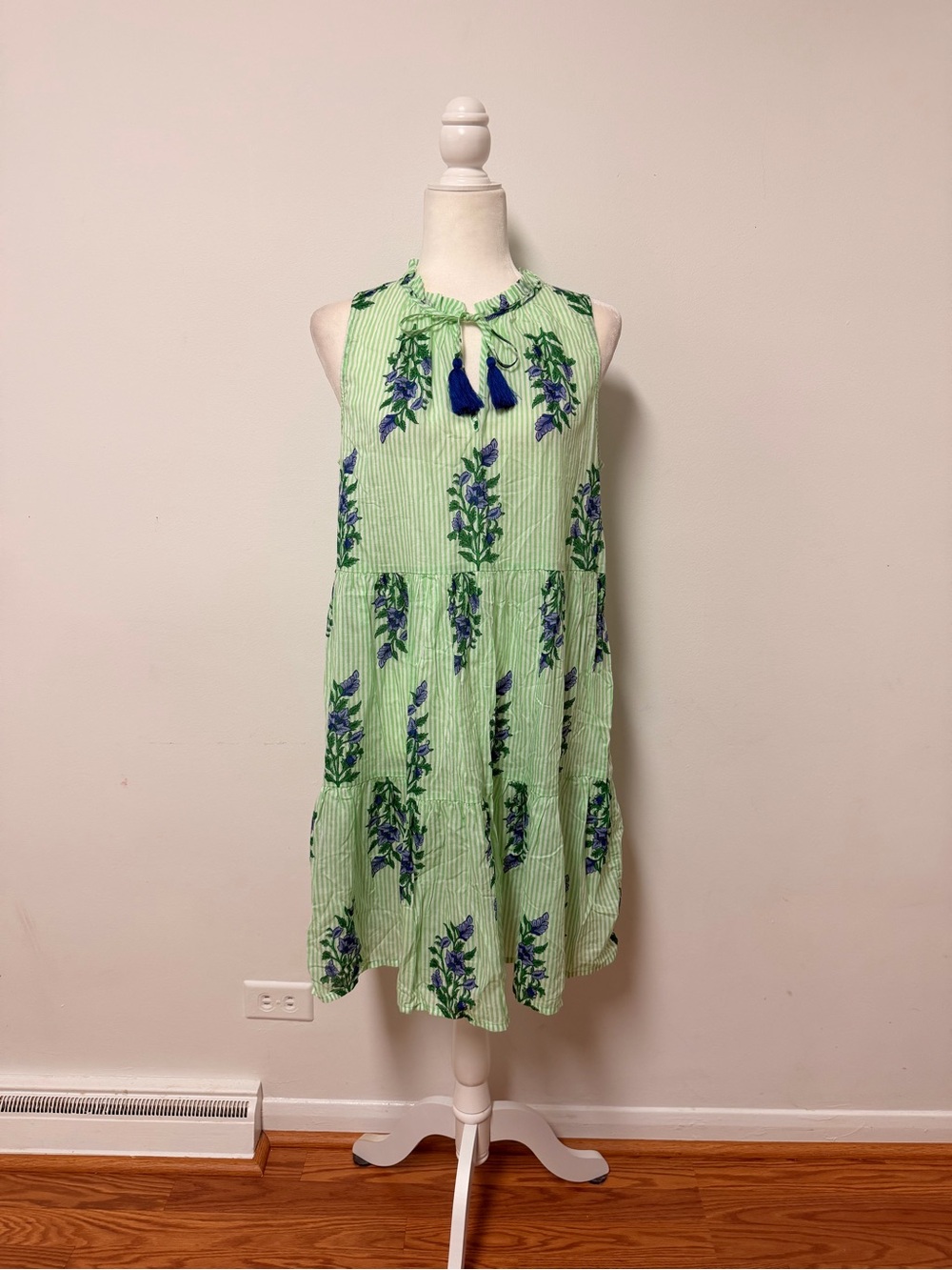 J.Crew Green Stripe Floral Tiered Mini Dress Size M Tassel Tie Sleeveless